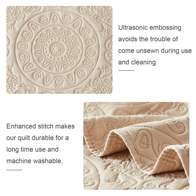 WURUIBO Beige Quilt Set King/Cal King Size  Embossing Microfiber Bedspreads with Pillow Sham  Ligthweight Breathable Thin Coverlet  Reversible Bedding Set for All Season (1 Quilt  2 Pillow Shams) - Image 5
